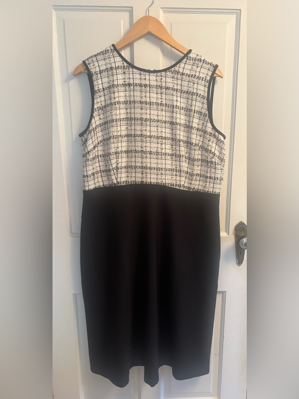 Ann Taylor Black and White Tweed-Top Midi Sheath Dress